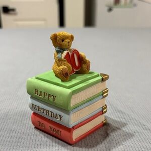 Cherished Teddies Birthday Bear with Books Figurine - Green, Red, Gold